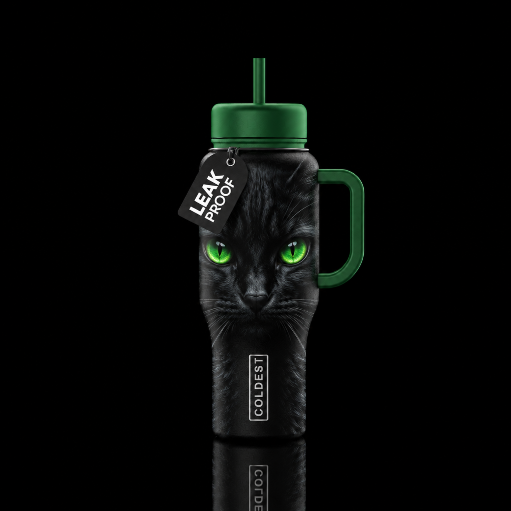 close up of cat eyes metallic green eyes on a blac... water bottle design