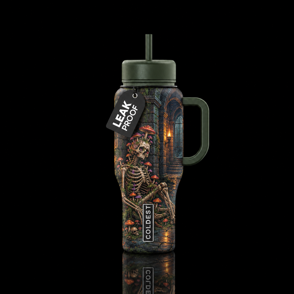 skeleton with mushrooms growing out of it in a cas... water bottle design