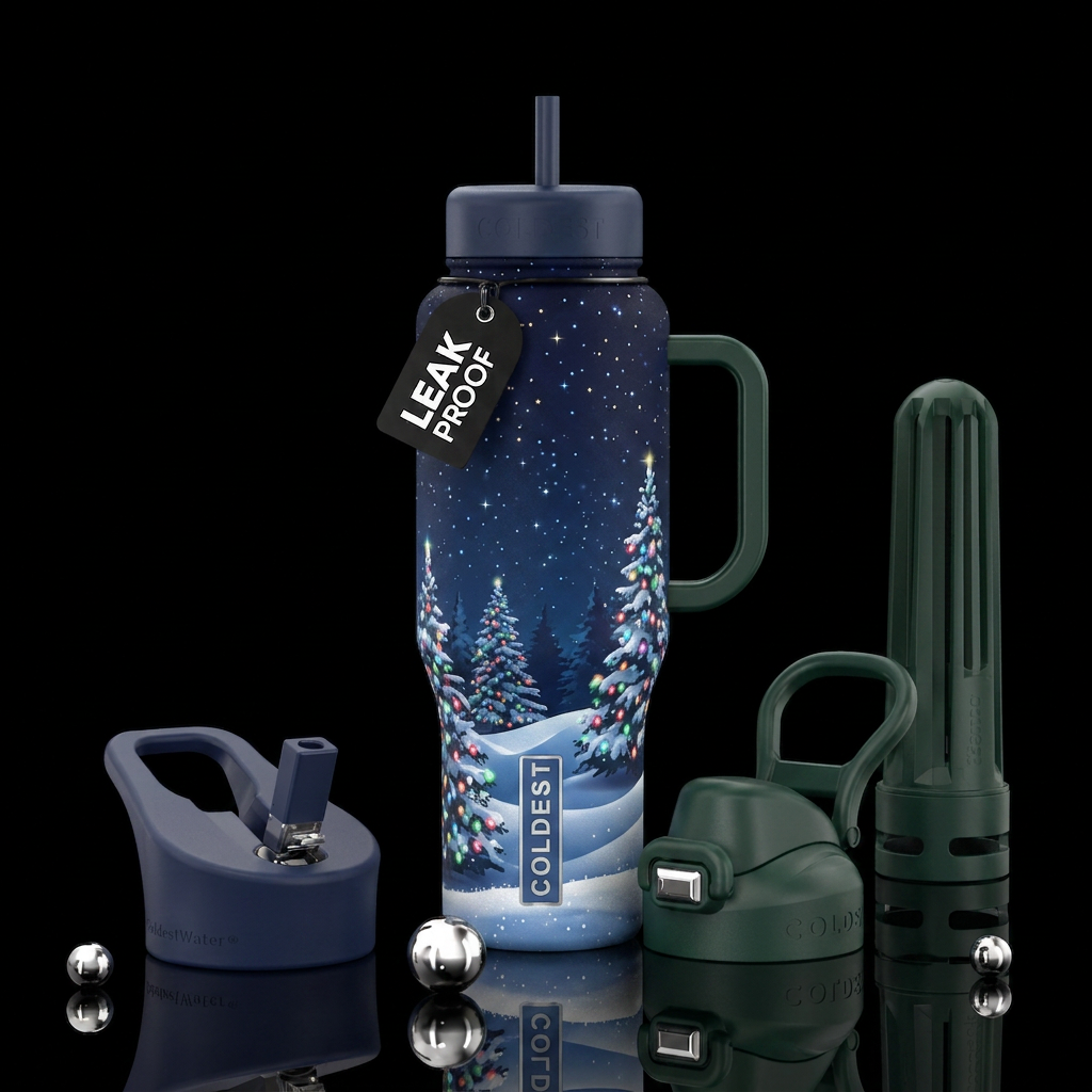 Navy blue sky with small, twinkling stars and fir ... water bottle design