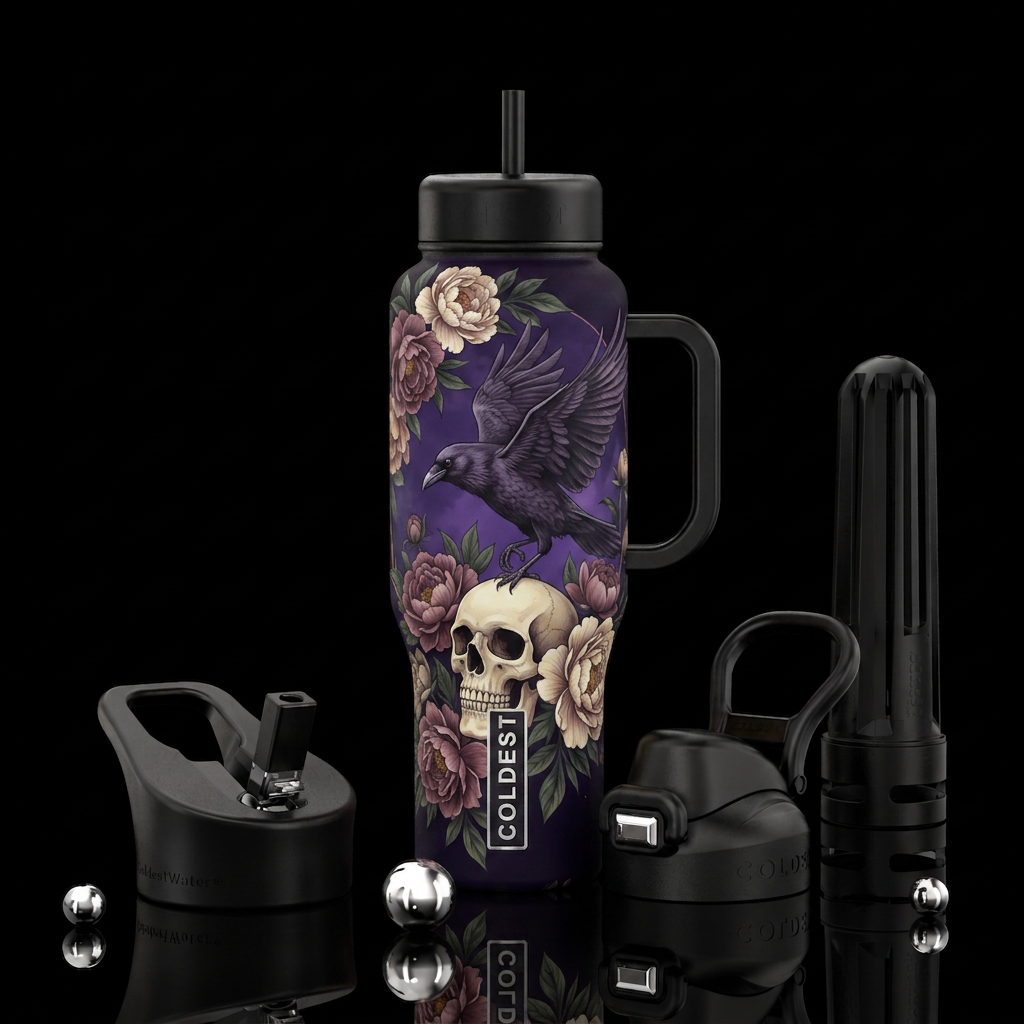 Dark purple sky with a cream, colored skull and a ... water bottle design