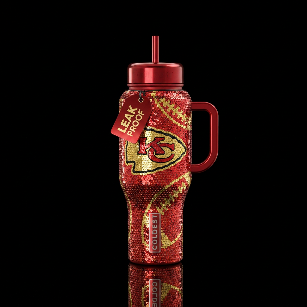 football, Chiefs, red, gold, sequins water bottle design