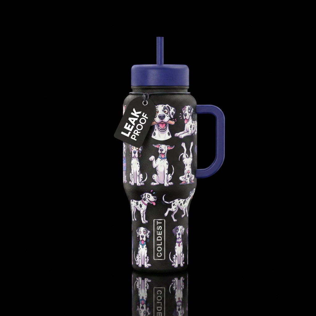 Great Dane, white, black spots, silly water bottle design