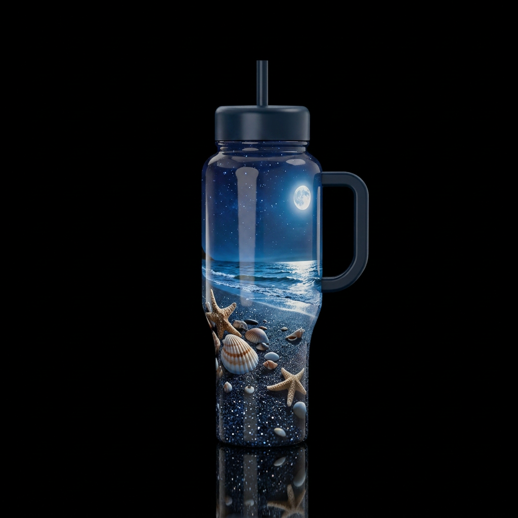Beach, night, moonlight, night sky, glittering san... water bottle design