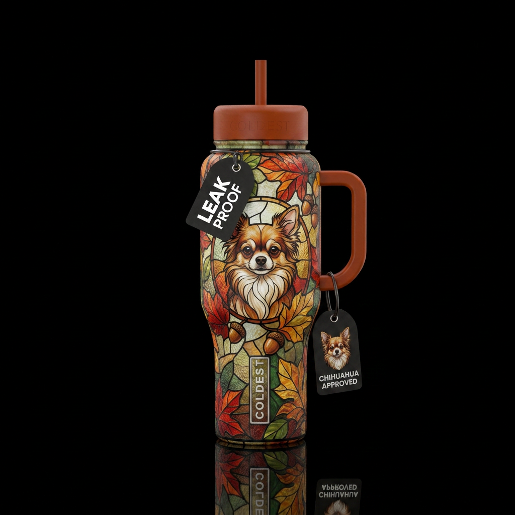 Autumn leaves, acorns, stained glass, long haired ... water bottle design