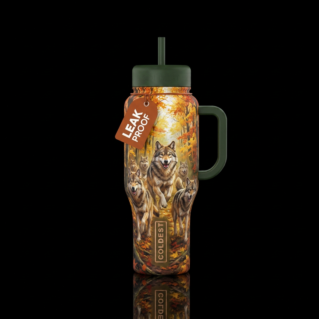 Autumn, forest, wolf pack,, realism, happy mood water bottle design