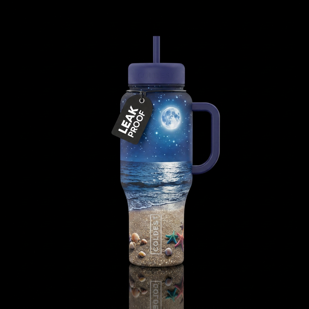 Beach, night, moonlight, night sky, glittering san... water bottle design