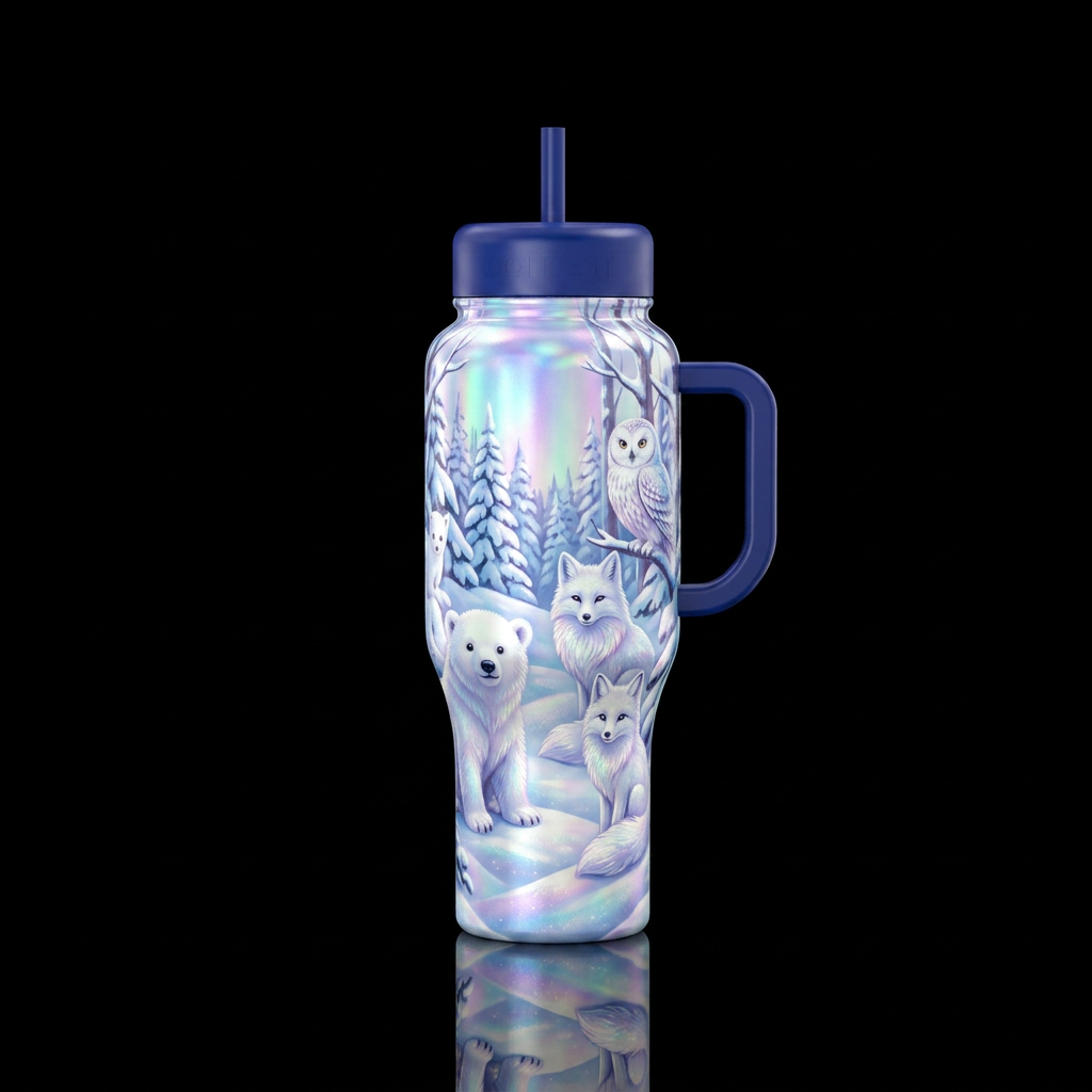opalescent, snow, white furry forest creatures, tr... water bottle design