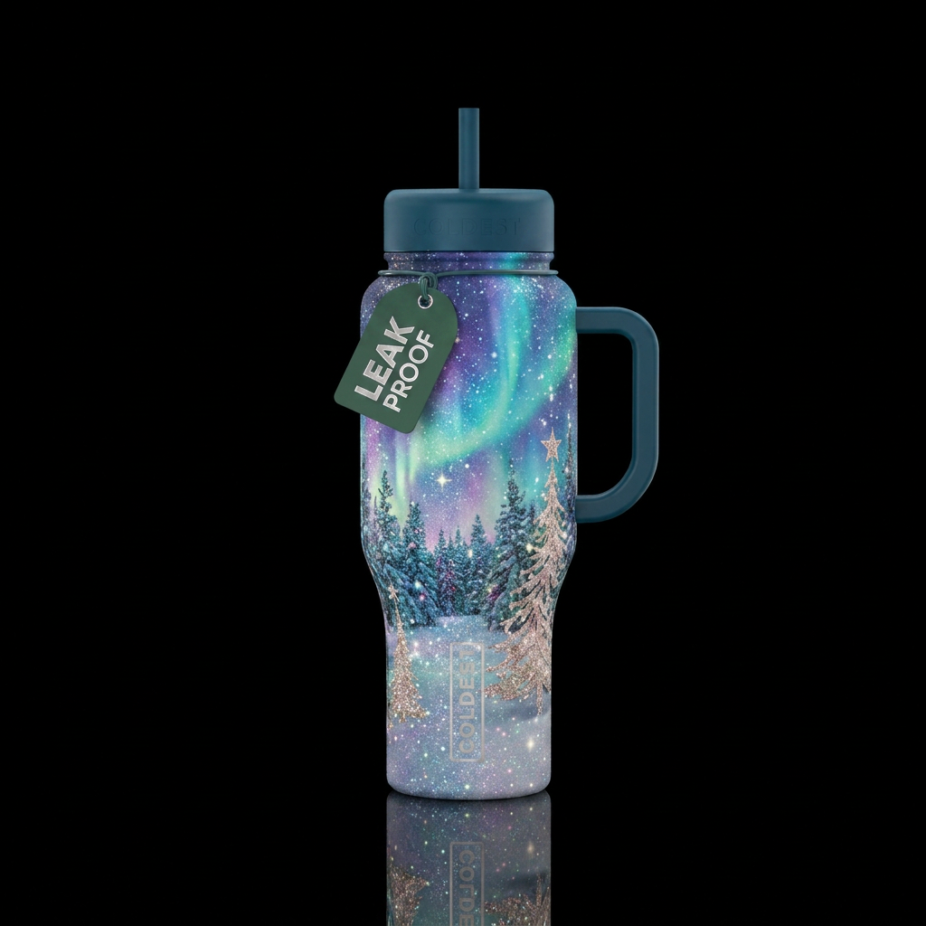 Christmas,, sparkly, trees, beautiul, northern lig... water bottle design
