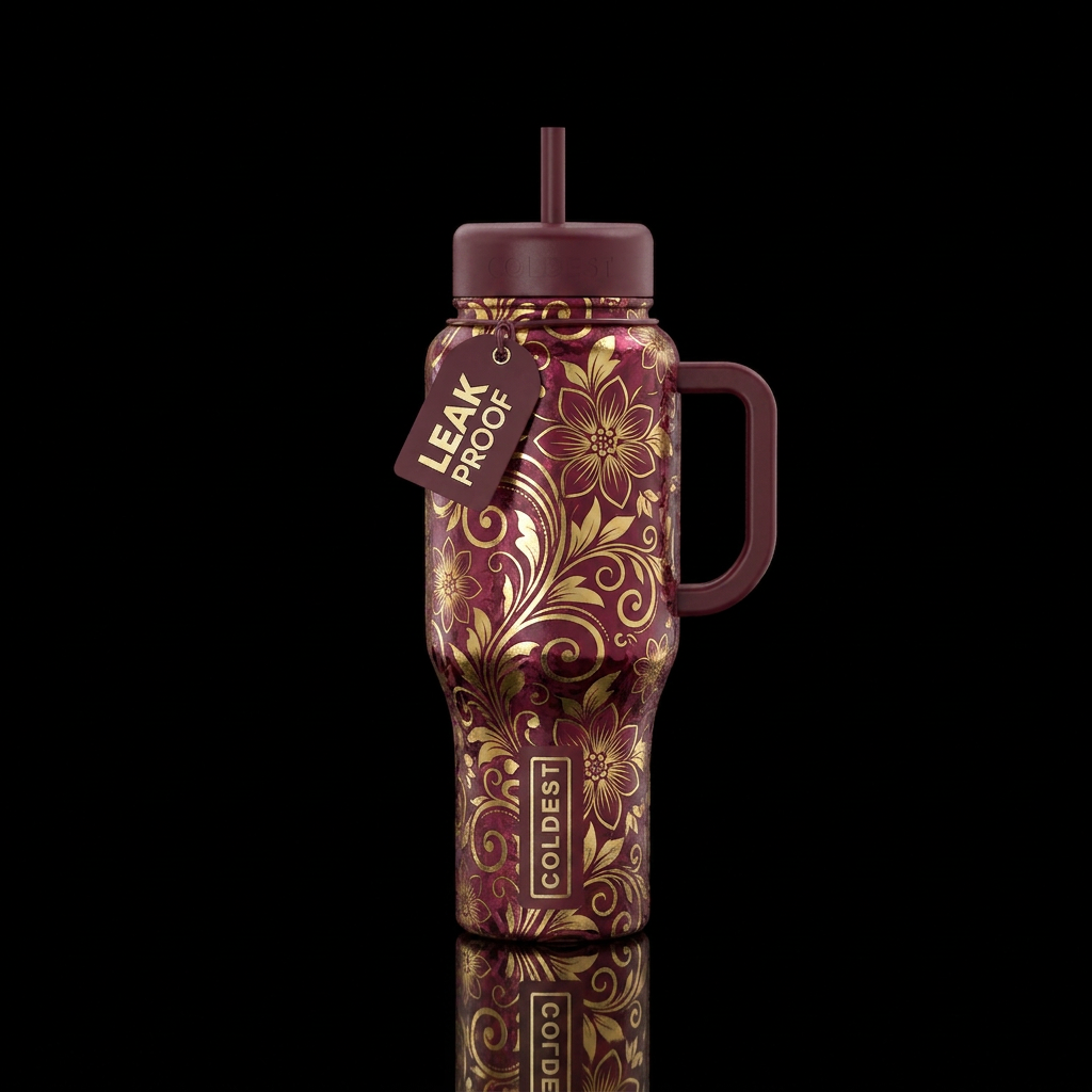 Maroon, gold, foil, flowers, swirls, shiny water bottle design