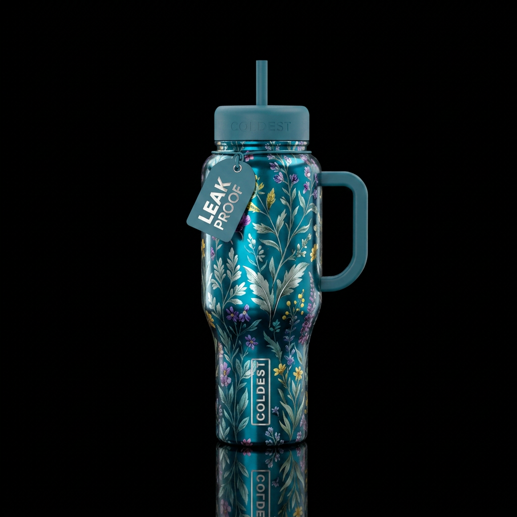 Teal blue, silver,, wildflowers, shiny, beautiul, ... water bottle design