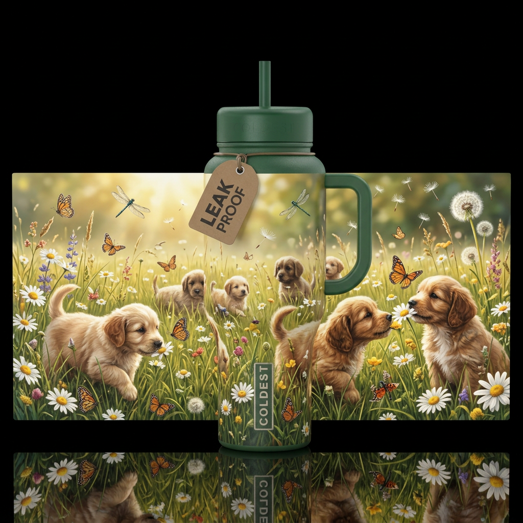 Tall grass meadow, daisies, wild flowers, butterfl... water bottle design