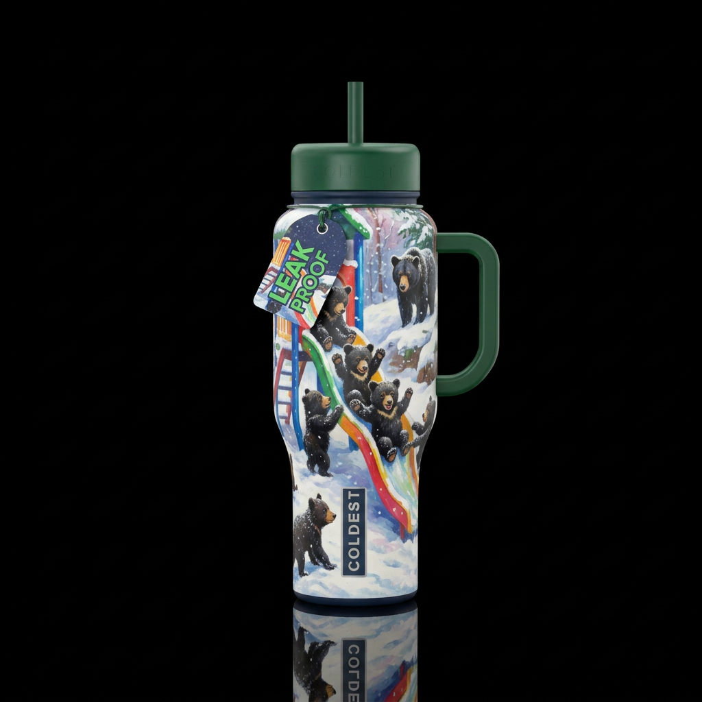 Black bear cubs on a snowy playground sliding down... water bottle design