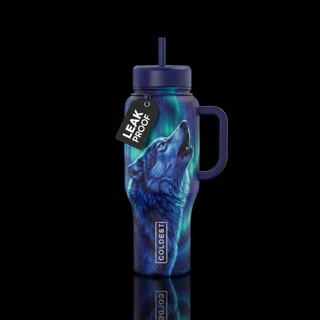 Dave Merrick “Indigo” wolf with northern lights ba... water bottle design