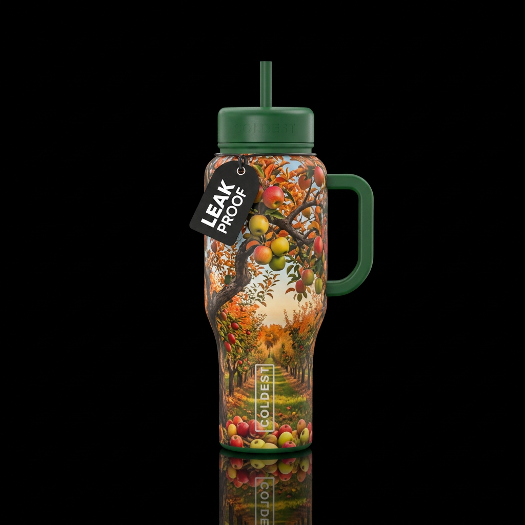 Fall apple orchard with a green lid and handle water bottle design