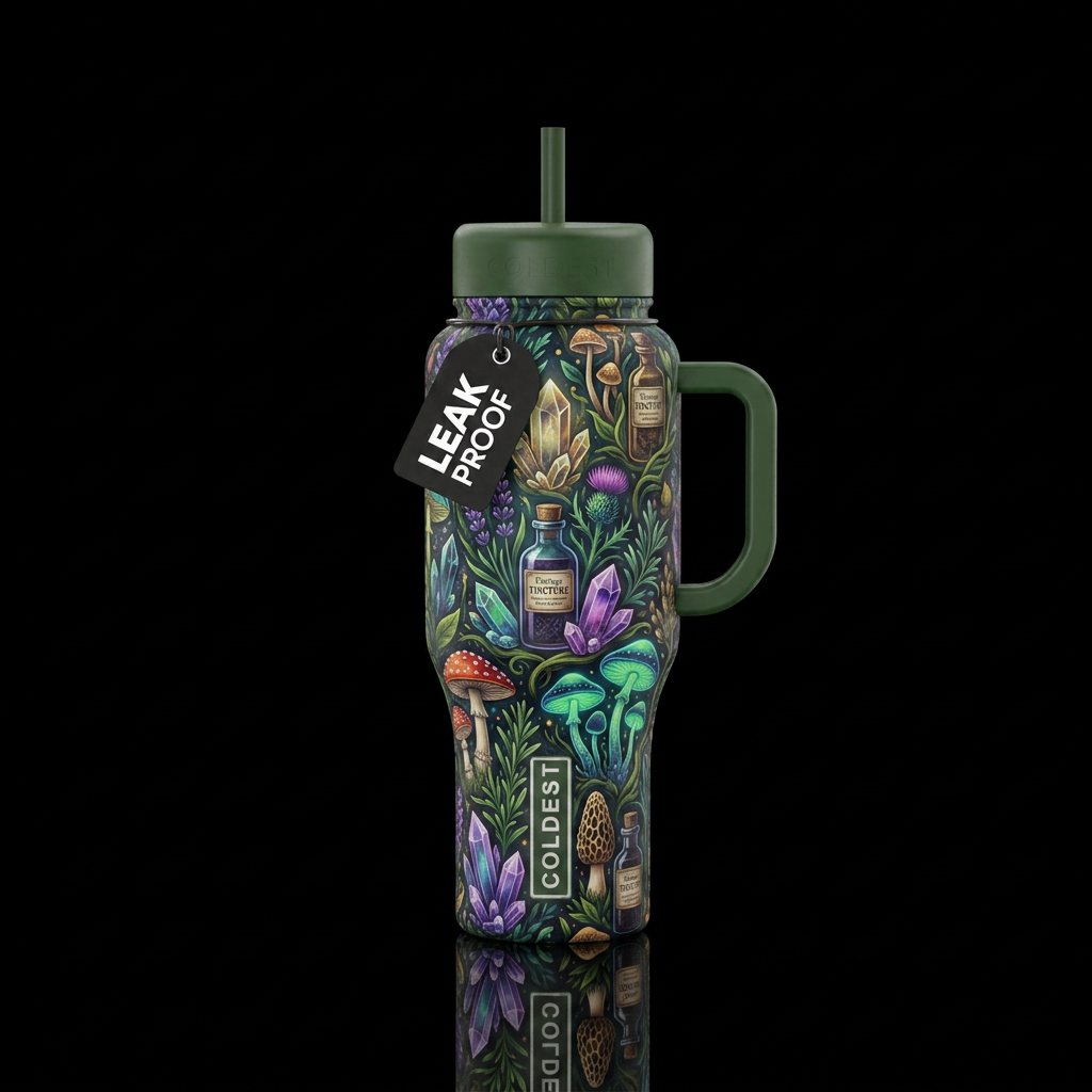 Herbs, tinctures, dark, mysterious, crystals, mush... water bottle design