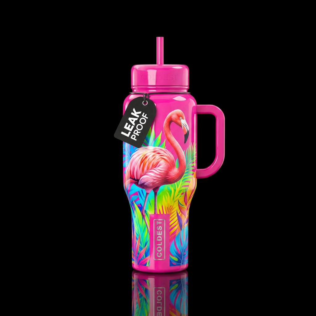 Glossy Hot pink, realistic flamingo, other obnoxio... water bottle design