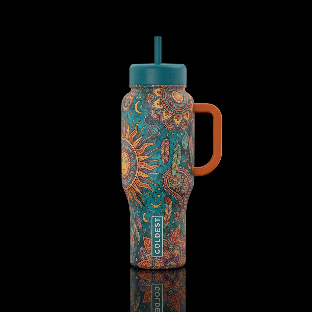 Boho hippie vibes. Not cartoon. Handle and lid two... water bottle design