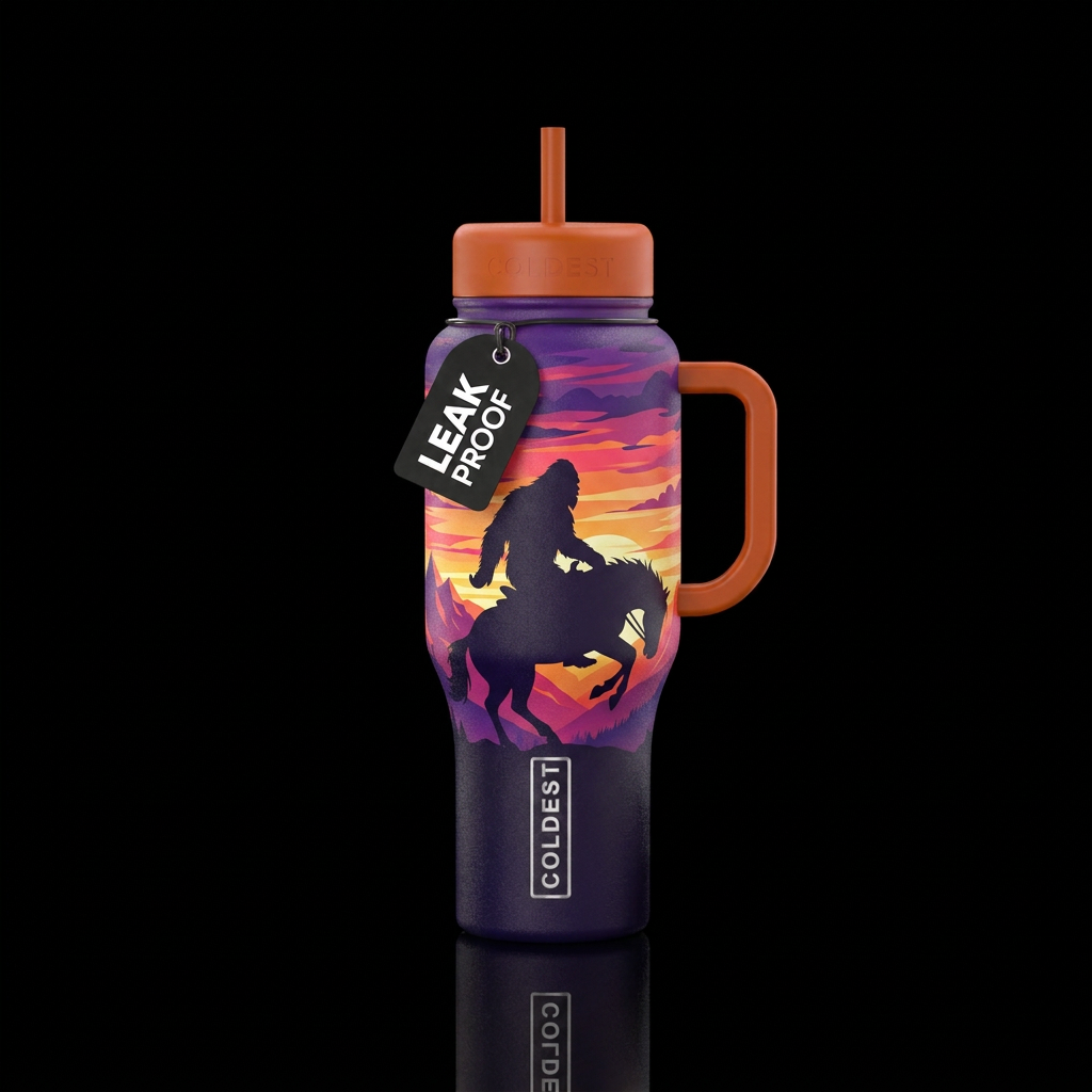 Sasquatch riding a bucking bronco  silhouette agai... water bottle design