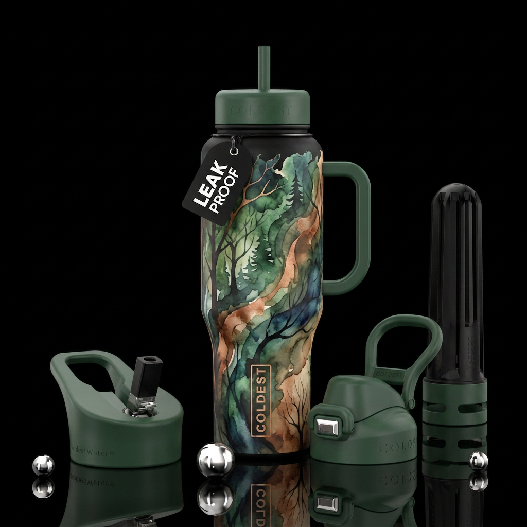 beautiul, luxurious, watercolor, woods themed water bottle design