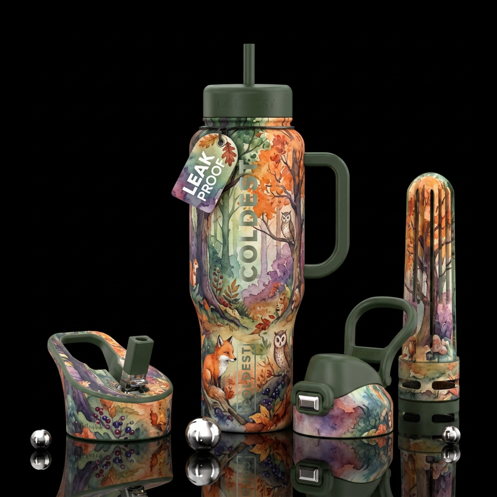 beautiul, luxurious, watercolor, woods themed water bottle design