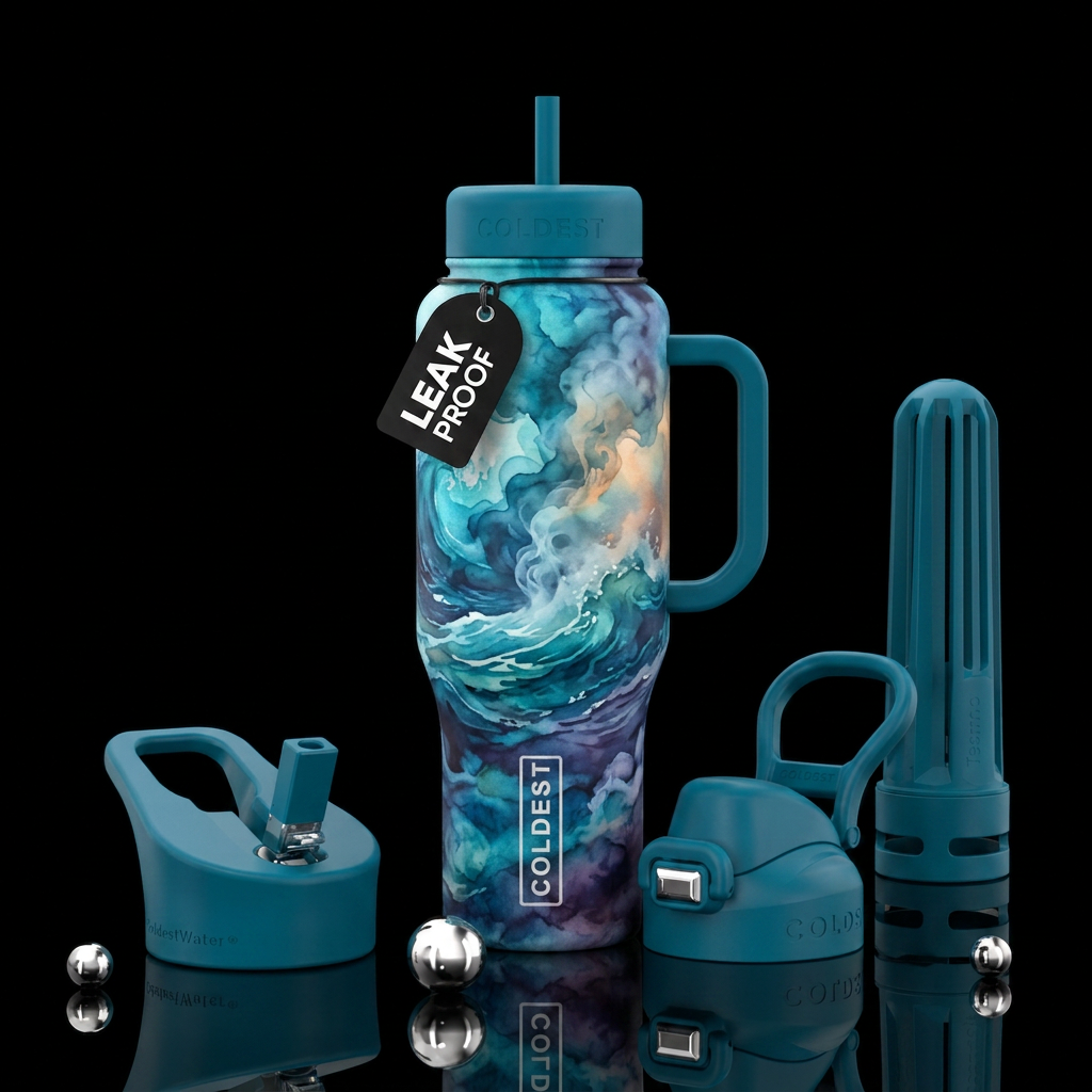smoke, watercolor, ocean water bottle design