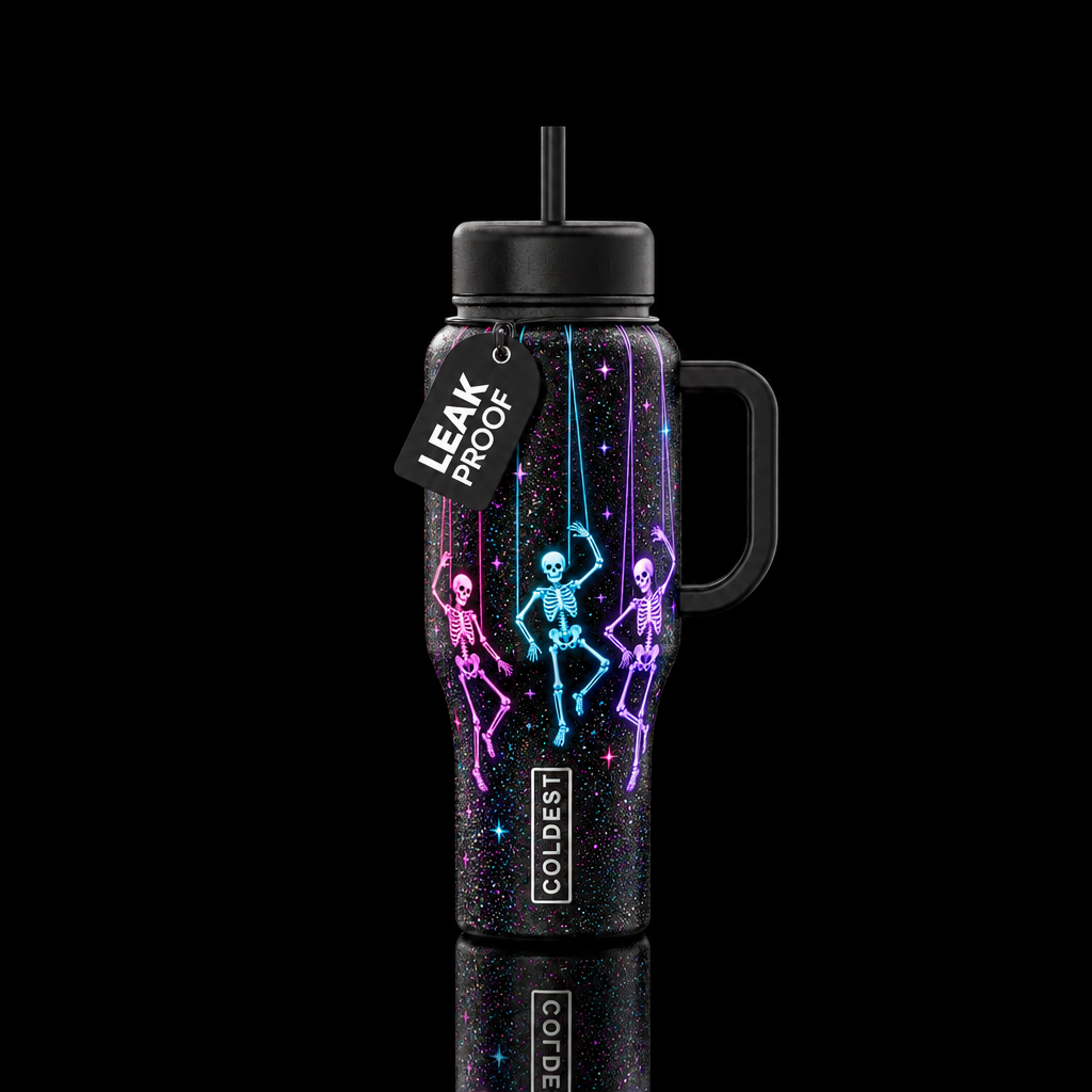 Dancing skeletons that glow attached to puppet str... water bottle design