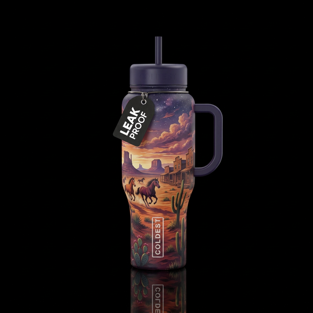 Horse, desert, cactus, wild west town, dreamy water bottle design