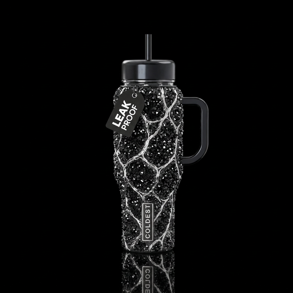 Black druzy pattern with silver mellaic veins arou... water bottle design