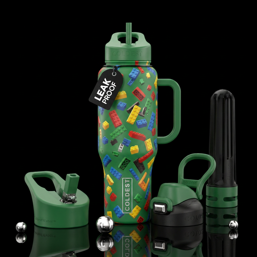 Lego bricks all over like they are falling and on ... water bottle design