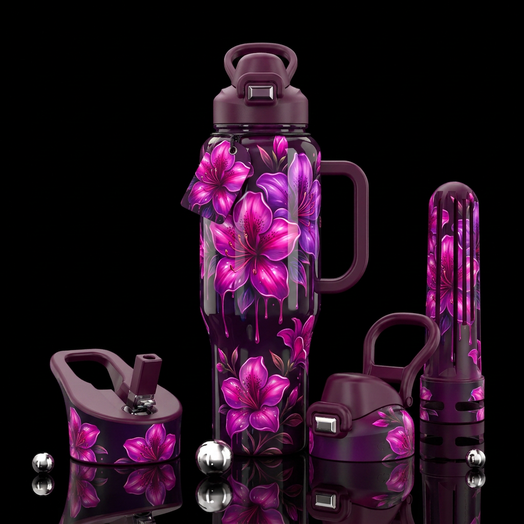 Azalea flowers,Bright,glossy,glowing,dripping water bottle design