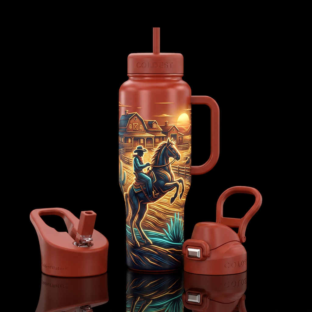 cowboy on horse, ranch house,Bright,glowie,western water bottle design