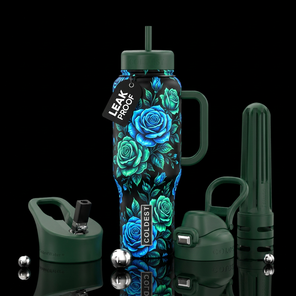 blue and green roses,Bright color,glowie, water bottle design