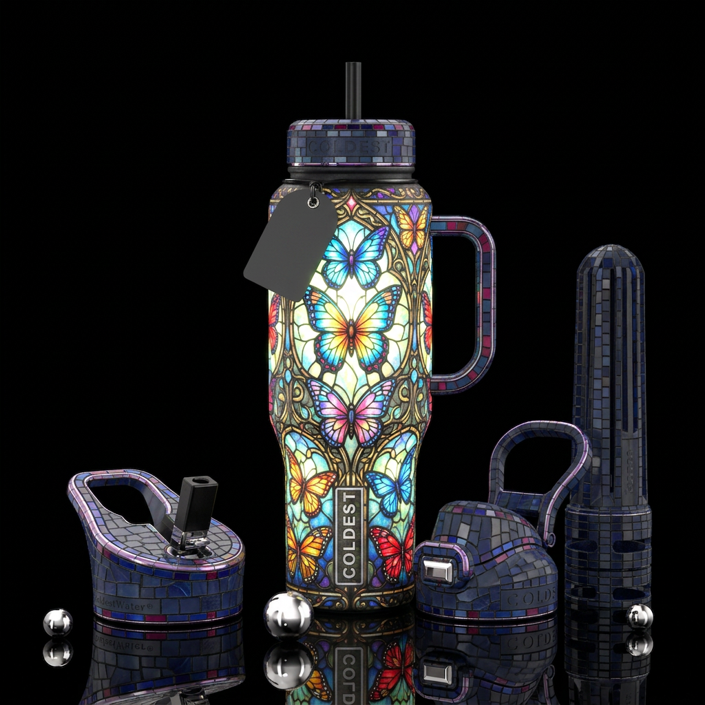 butterflies,colorful,Bright,glowie,stained glass water bottle design