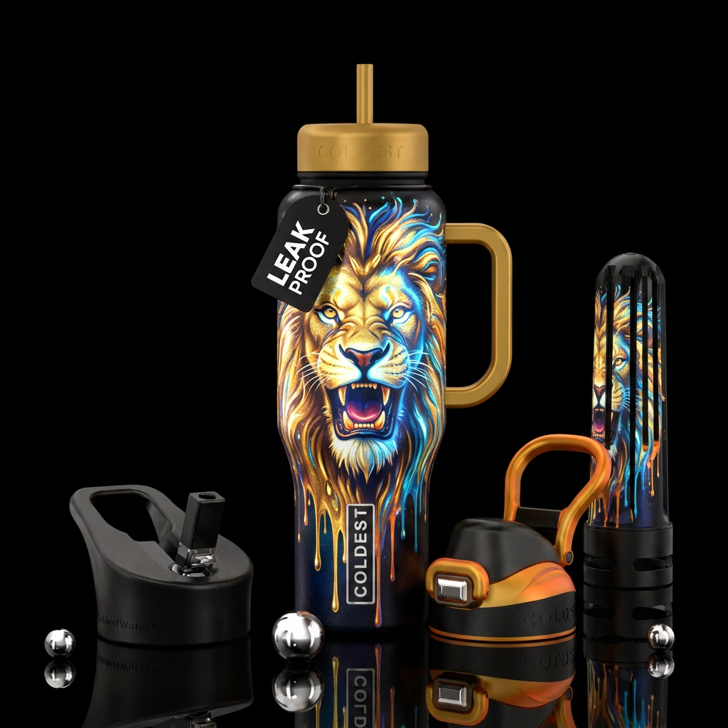 roar lion, Bright,Glossy,Glowing,Dripping water bottle design