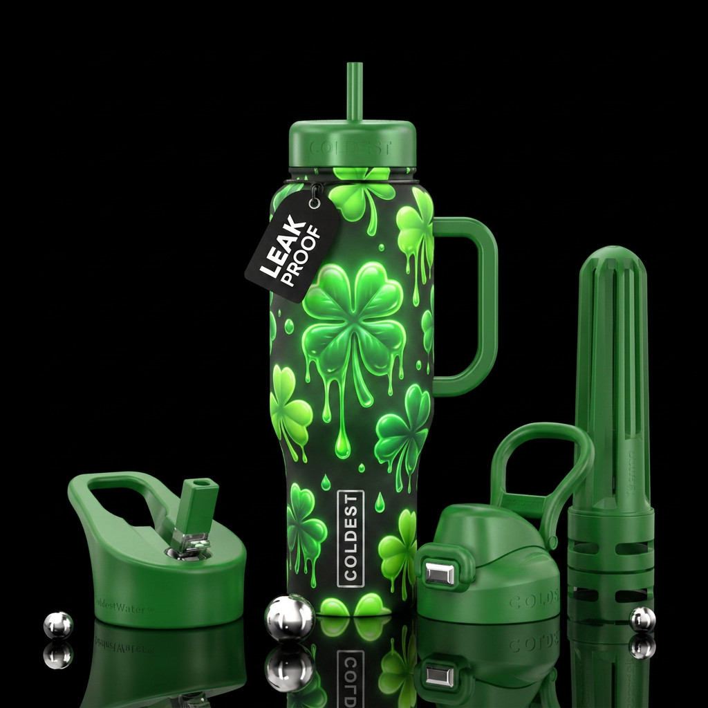 st Patrick day theme, green clover, Bright color,g... water bottle design