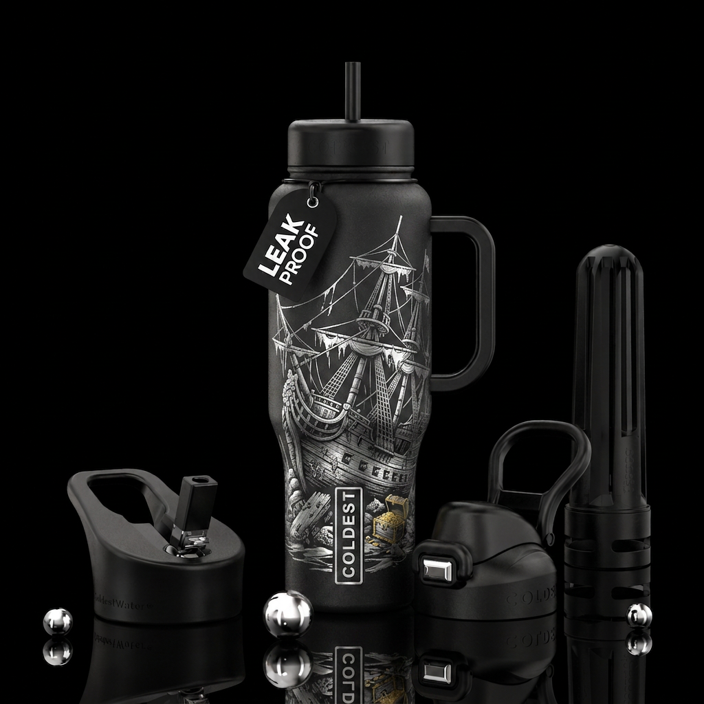 Sunken underwater pirate ship design in silver on ... water bottle design