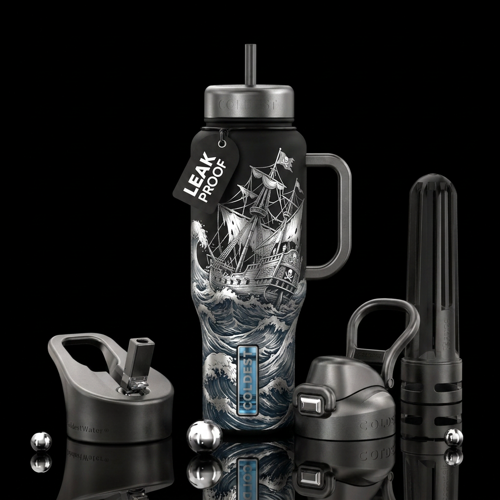Wrecked pirate ship on in roaring waves in silver water bottle design
