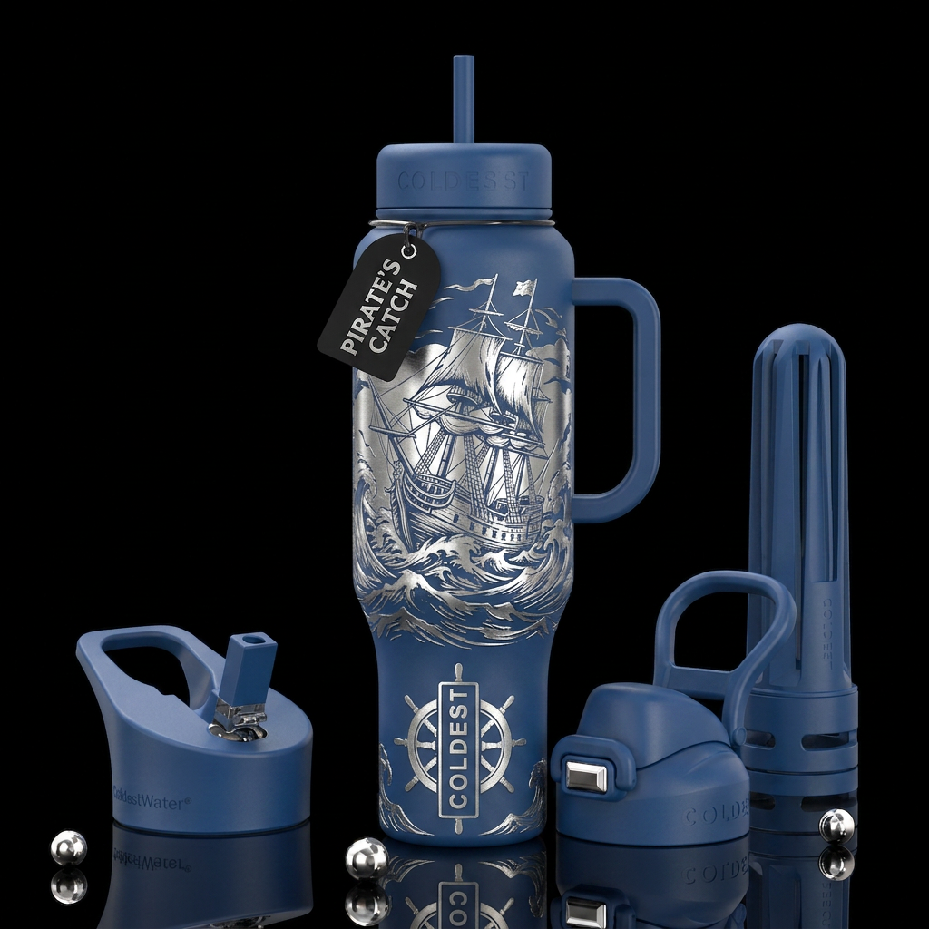 Wrecked pirate ship on in roaring waves in silver ... water bottle design