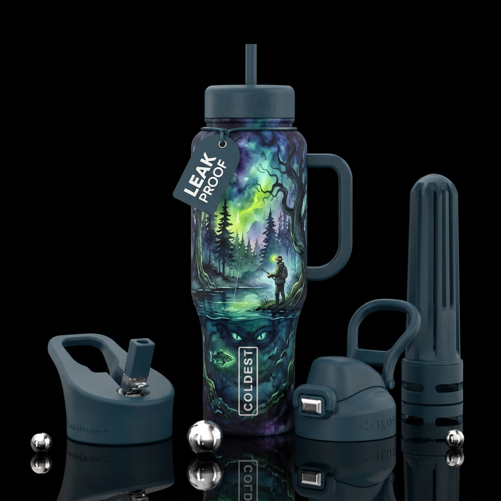 watercolor, forest, fishing, glowie, scary water bottle design