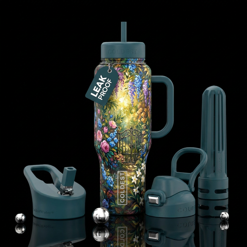secret garden, oil painting water bottle design