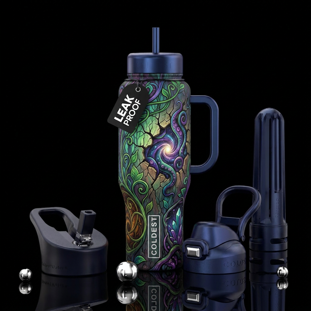 cracked, enchanted forest, cosmic horror, art nouv... water bottle design