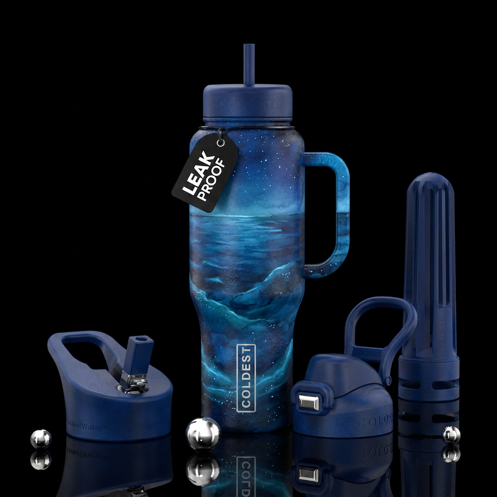 calm waters, midnight blue, glowie, beautiul, vibr... water bottle design