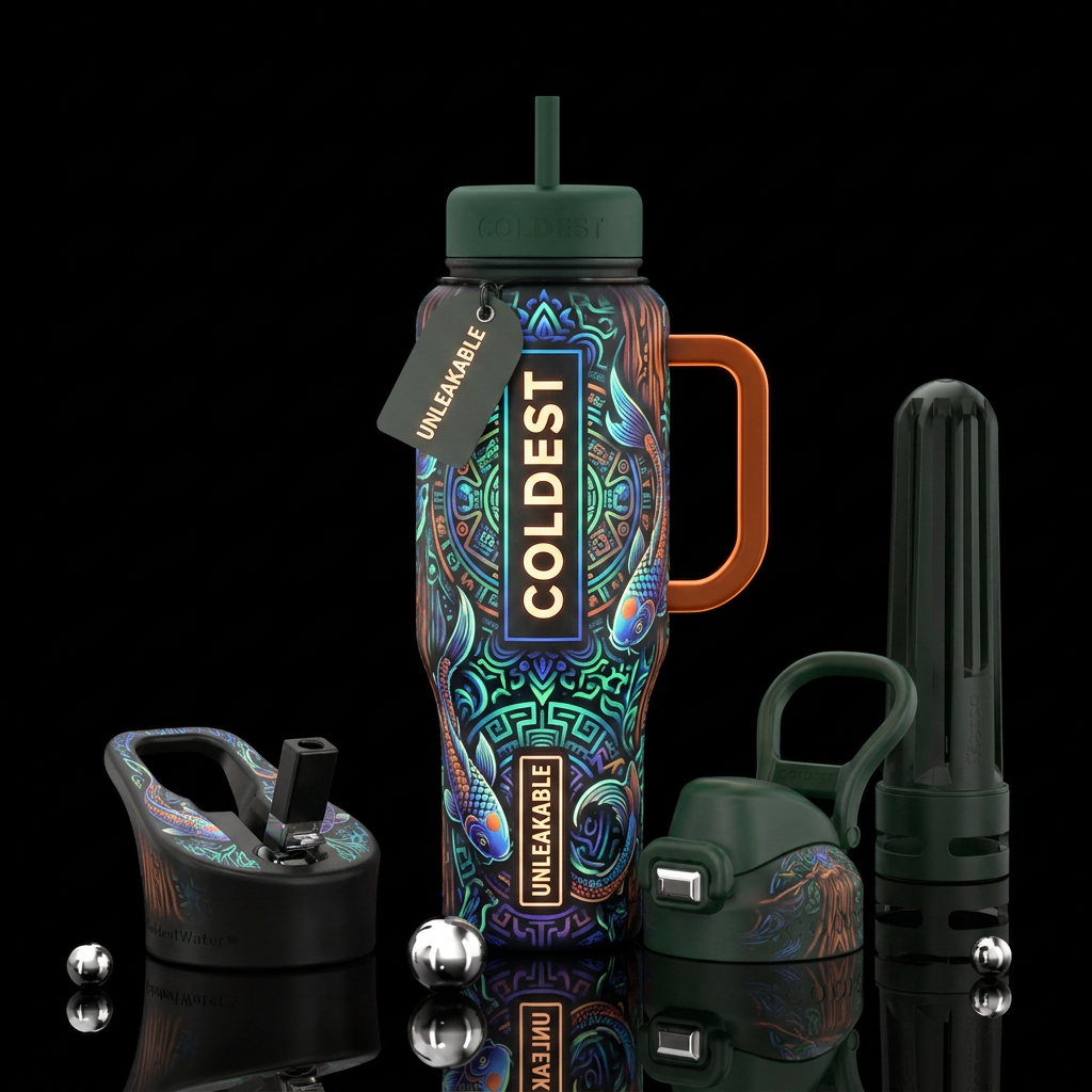 spiritual, koi fish, sequoia, aztec, glowie water bottle design