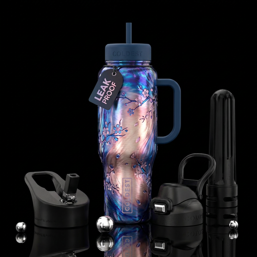 iridescent, glass blowing, brushed metal, sakura, ... water bottle design