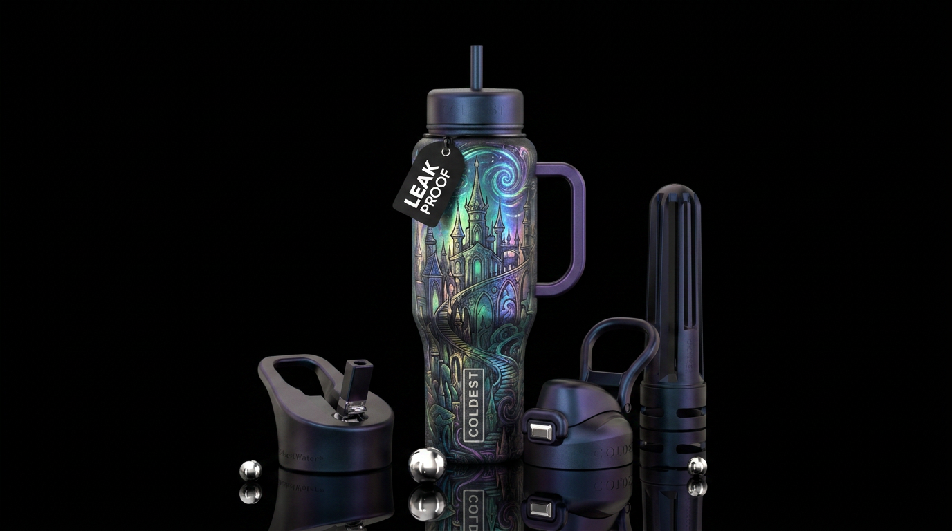 iridescent, cityscape, hand drawn, fantasy, rugged... water bottle design