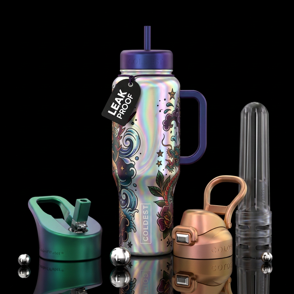 tattoo style, rainbow, opalescent water bottle design