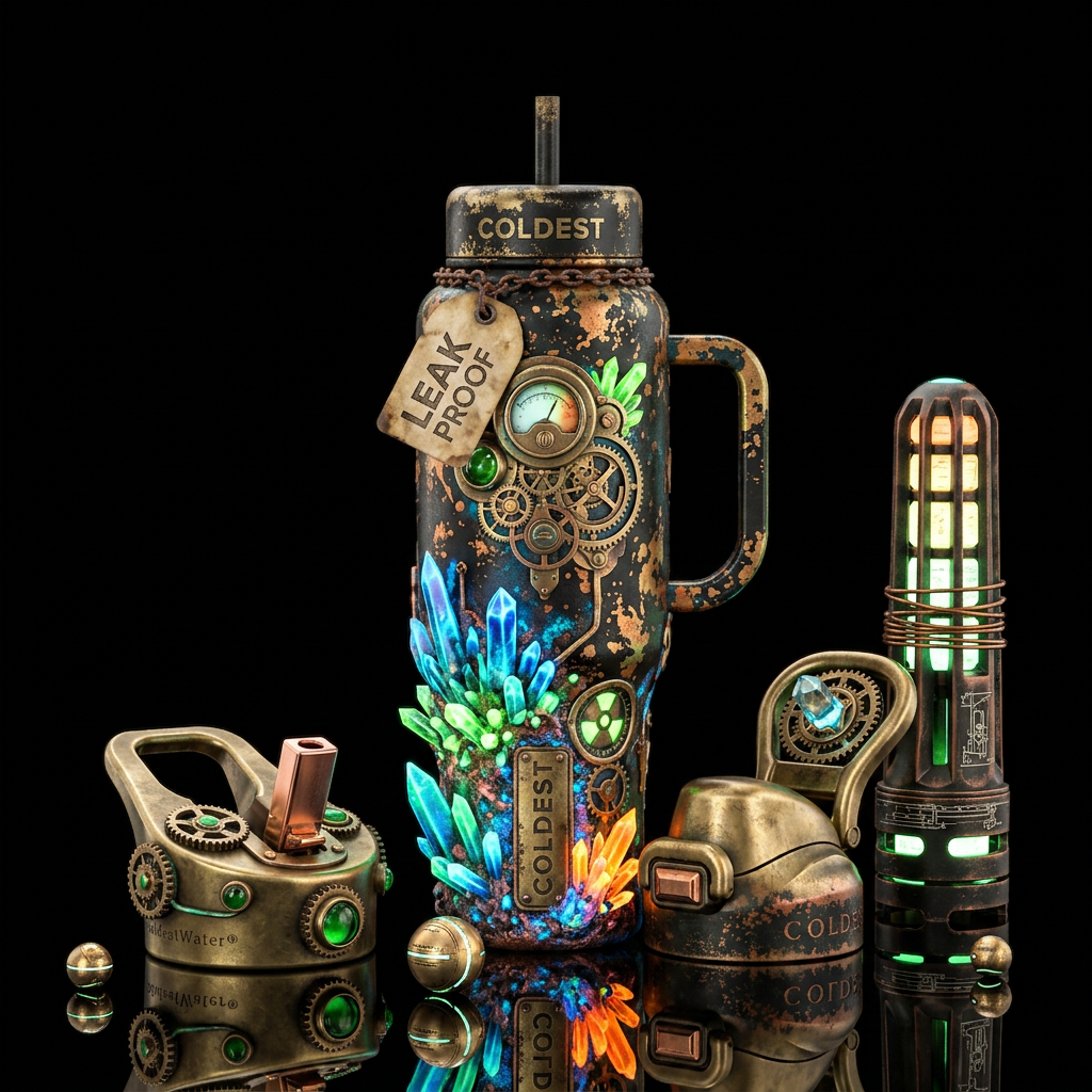 post-apocalyptic, atompunk, splatter, crystal, bio... water bottle design