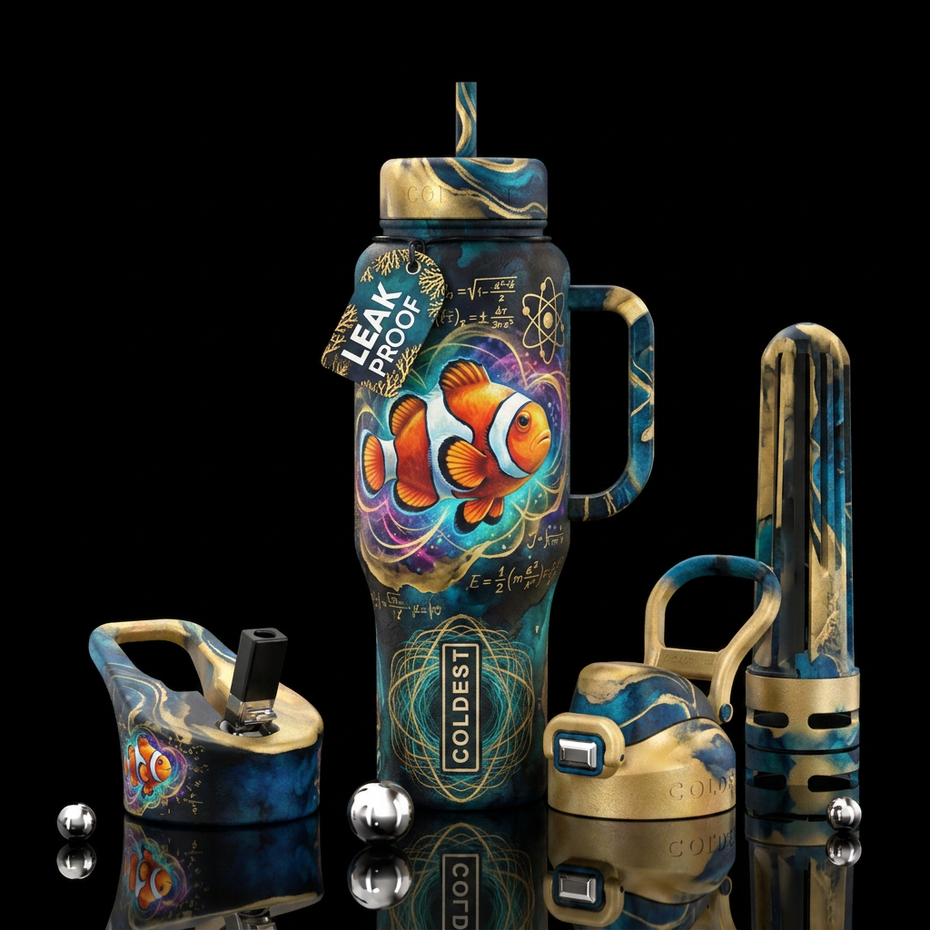 gold, clownfish, quantum, fantasy, realism, vibran... water bottle design