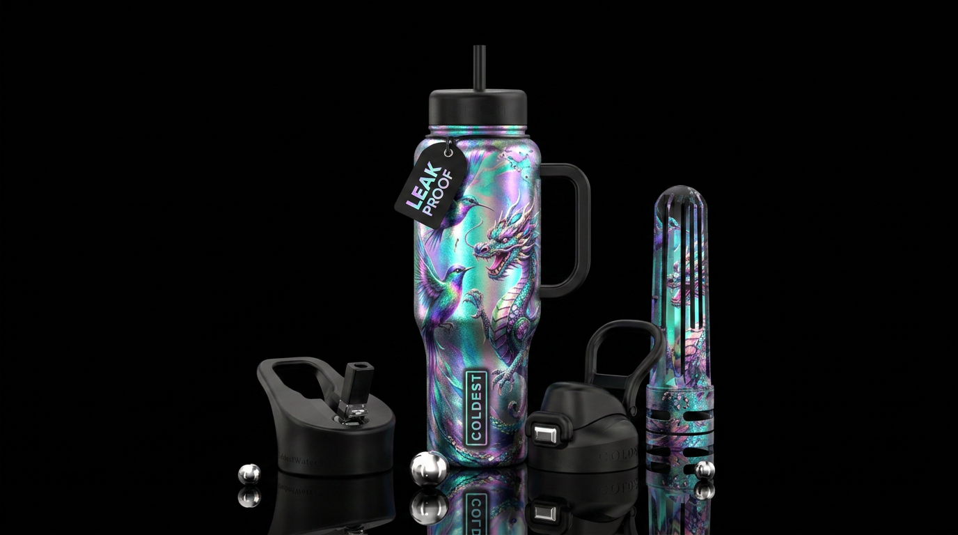 hologram, inbued, irridescent, watercolor, spray p... water bottle design