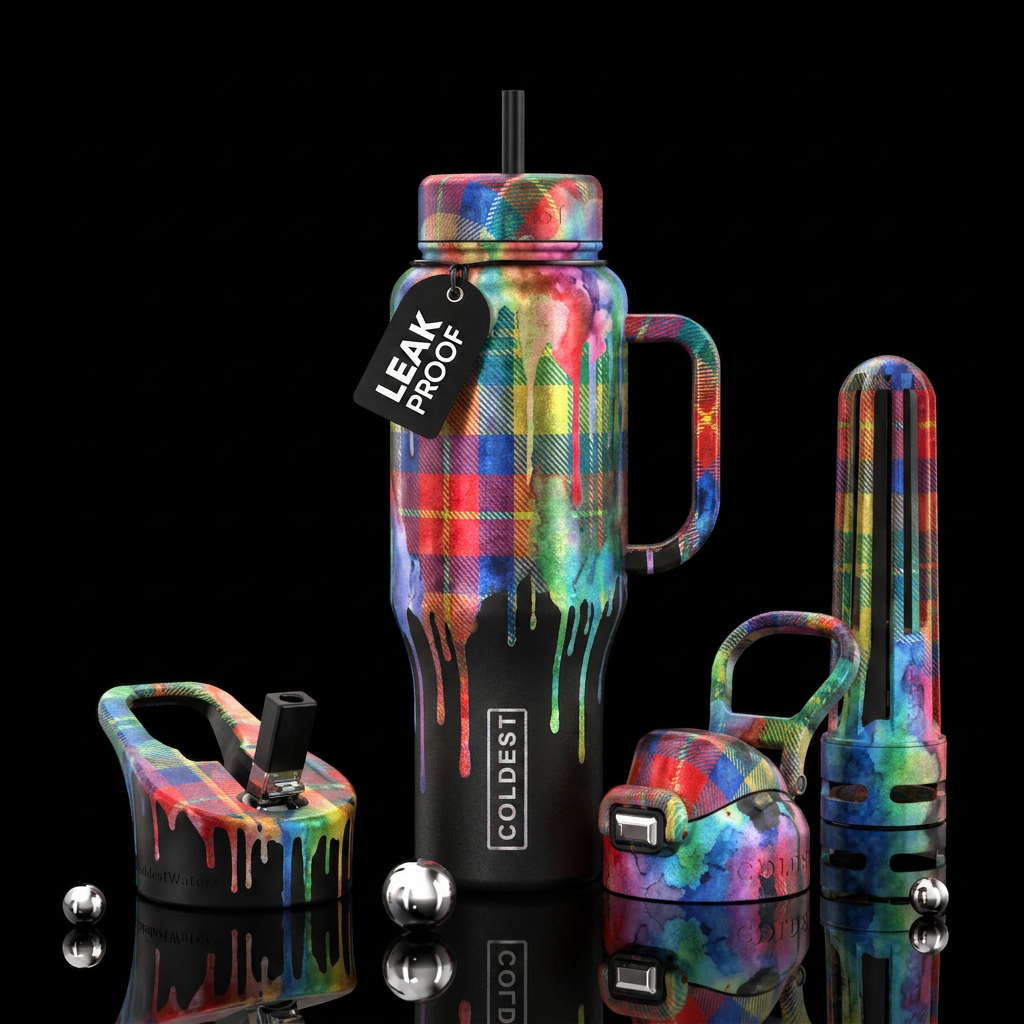 tartan, screen print, dripping, inbued, irridescen... water bottle design